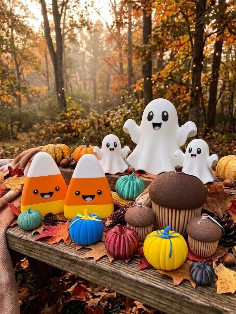 3D printed fall décor: ghosts, candy corn, and pumpkins